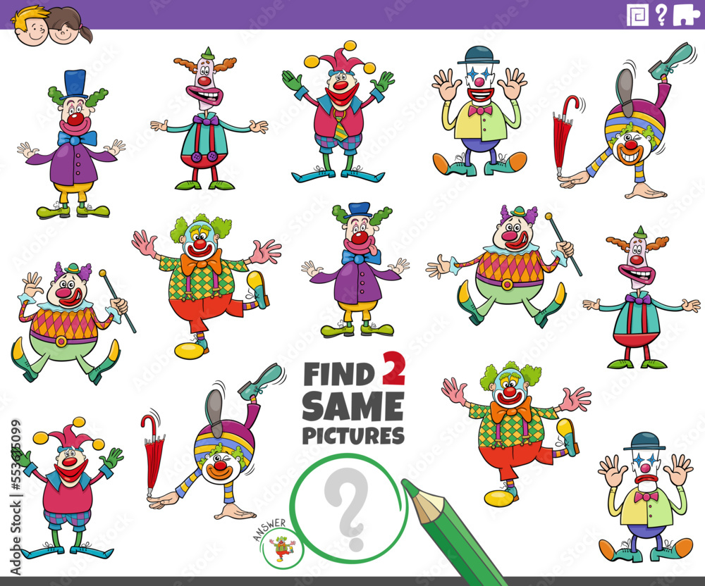 Naklejka premium find two same cartoon clown characters educational task