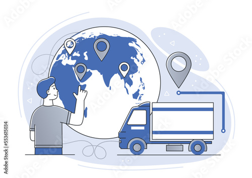 Business logistics concept. Young guy marks points on map or globe next to truck with his finger. Logistics and transportation, online shopping and home delivery. Cartoon flat vector illustration