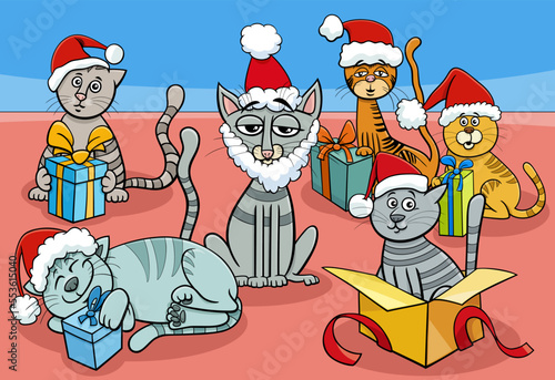 cartoon cats and kittens characters group on Christmas time