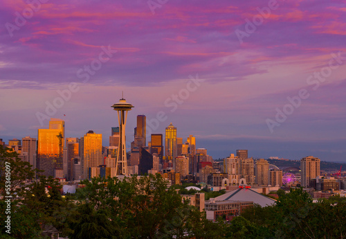 Seattle Washington city skyline at sunset
