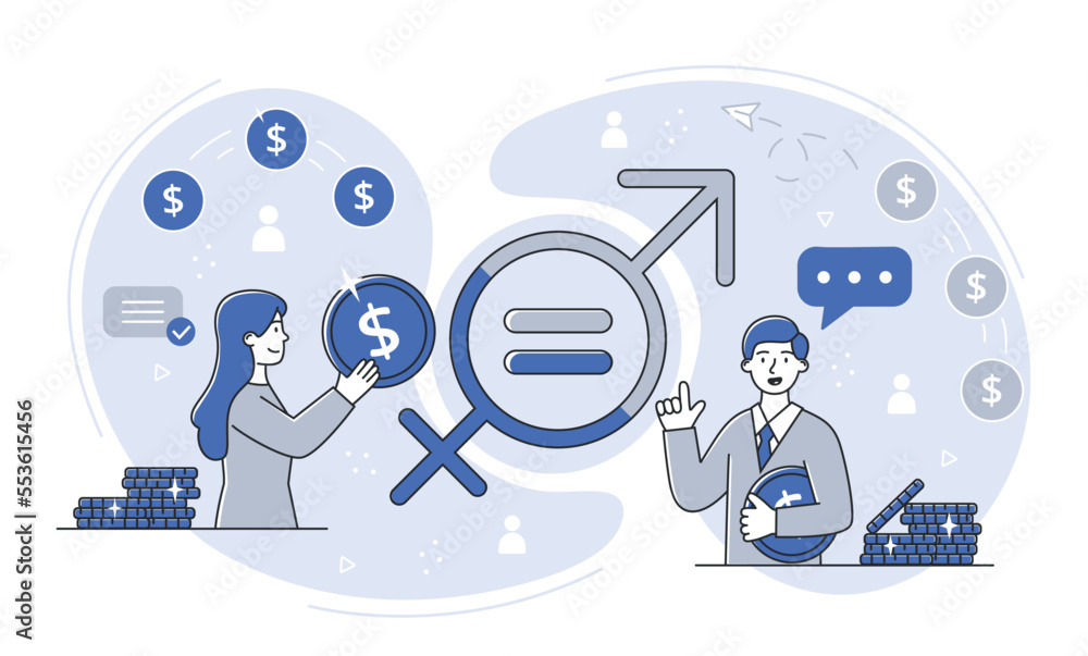 Gender wage equality. Men and women earn same. Tolerance and democracy, respect and feminism. Ambition and career opportunities. Poster or banner for website. Cartoon flat vector illustration Gender wage equality. Men and women earn same. Tolerance and democracy, respect and feminism. Ambition and career opportunities. Poster or banner for website. Cartoon flat vector illustration