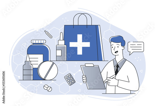 Medical items set. Doctor selects equipment to diagnose patient and select optimal method of treatment. Health care and regular visits to specialist concept. Cartoon flat vector illustration