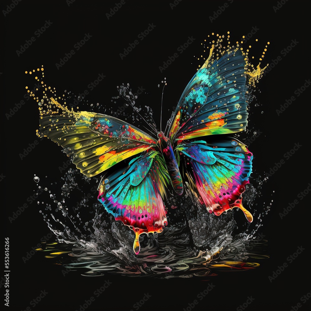 A colorful butterfly is depicted in the form of paint splashes. AI