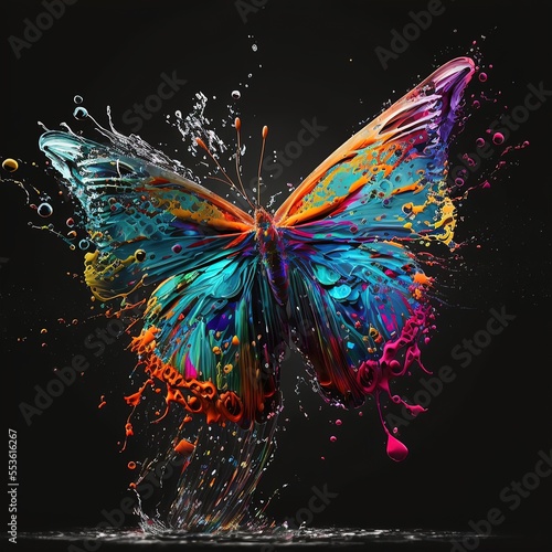 A colorful butterfly is depicted in the form of paint splashes. AI © DZMITRY