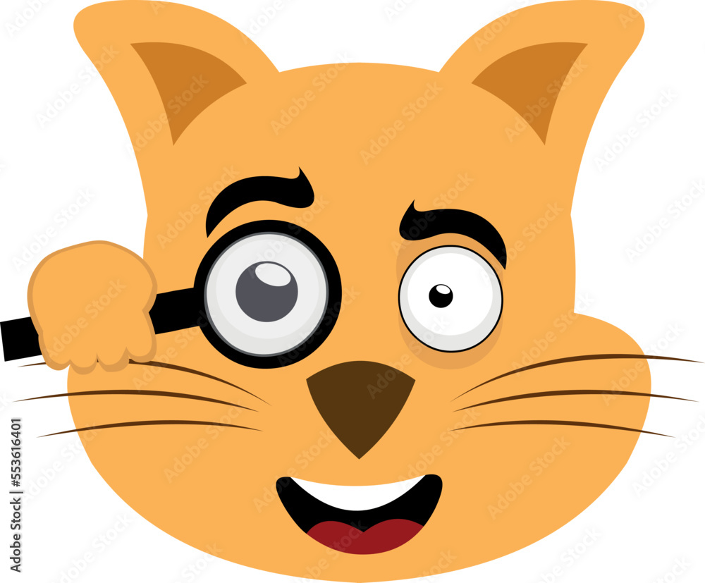 Vector illustration of emoticon of the face of a cartoon cat watching with a magnifying glass Vector illustration of emoticon of the face of a cartoon cat watching with a magnifying glass