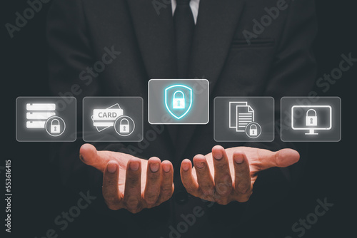Data Protection Security Privacy Concept, Person hand holding with Data protection security privacy icon on virtual screen, GDPR, EU, Cyber security network.