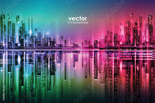 Night city illustration with neon glow and vivid colors. illustration with architecture, skyscrapers, megapolis, buildings, downtown.