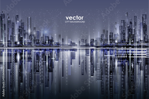 Night city illustration with neon glow and vivid colors. illustration with architecture, skyscrapers, megapolis, buildings, downtown.
