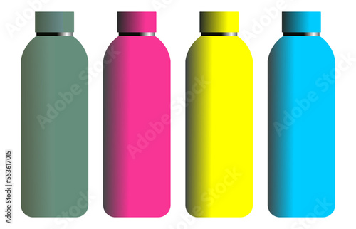 Cosmetic green, yellow, pink and blue bottle mockup cap isolated on white background. Vector illustration