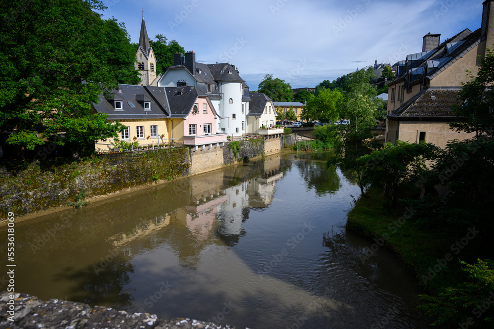 The Alzette River in the Pfaffenthal District of the Luxembourg City. Luxembourg, 2021/07/04.