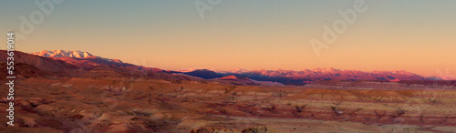 panoramic scenic mountain desert view at sunset in Morocco Atlas mountains