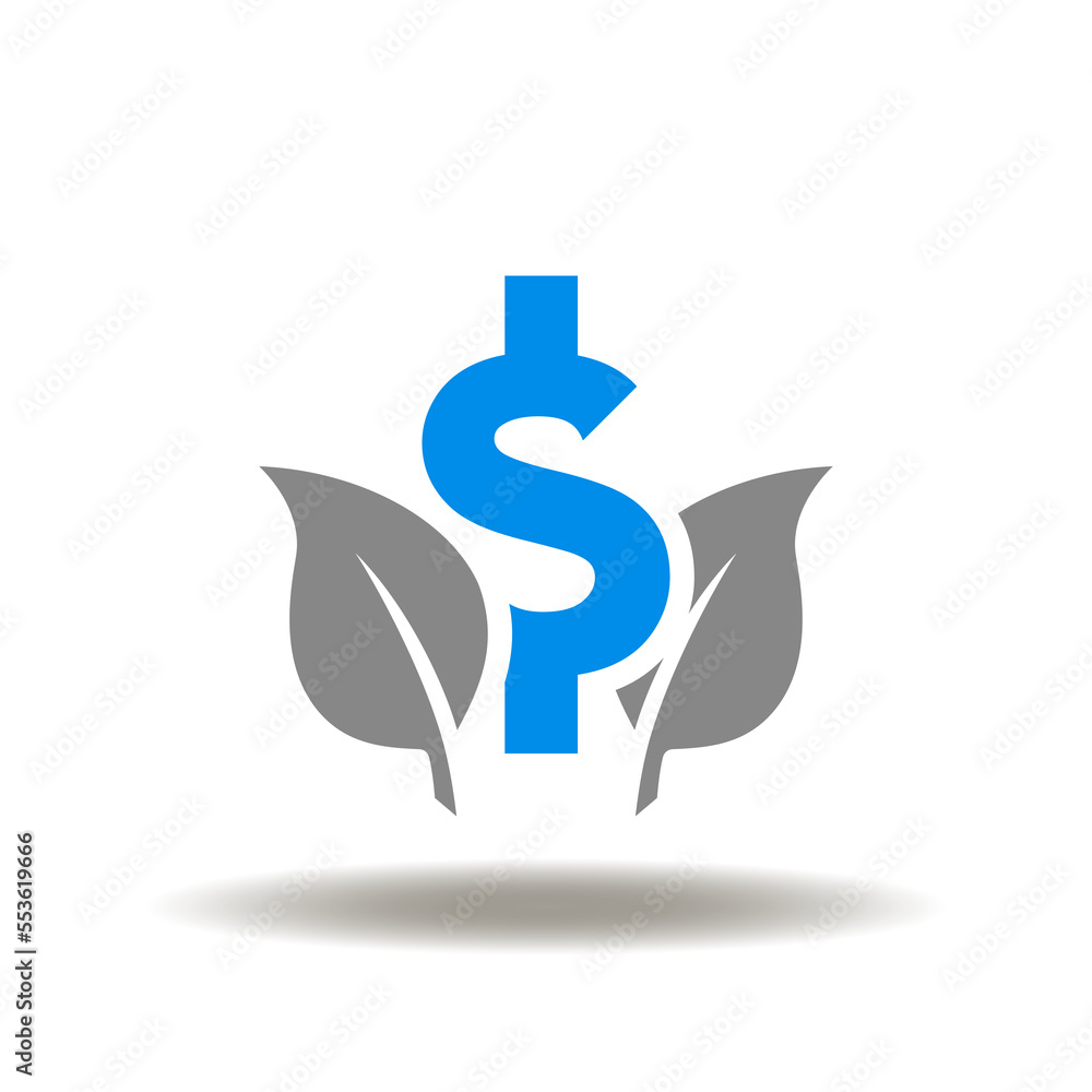 Vector illustration of dollar currency and leaves. Icon of ecology invest. Symbol of ESG investing. Vector illustration of dollar currency and leaves. Icon of ecology invest. Symbol of ESG investing.