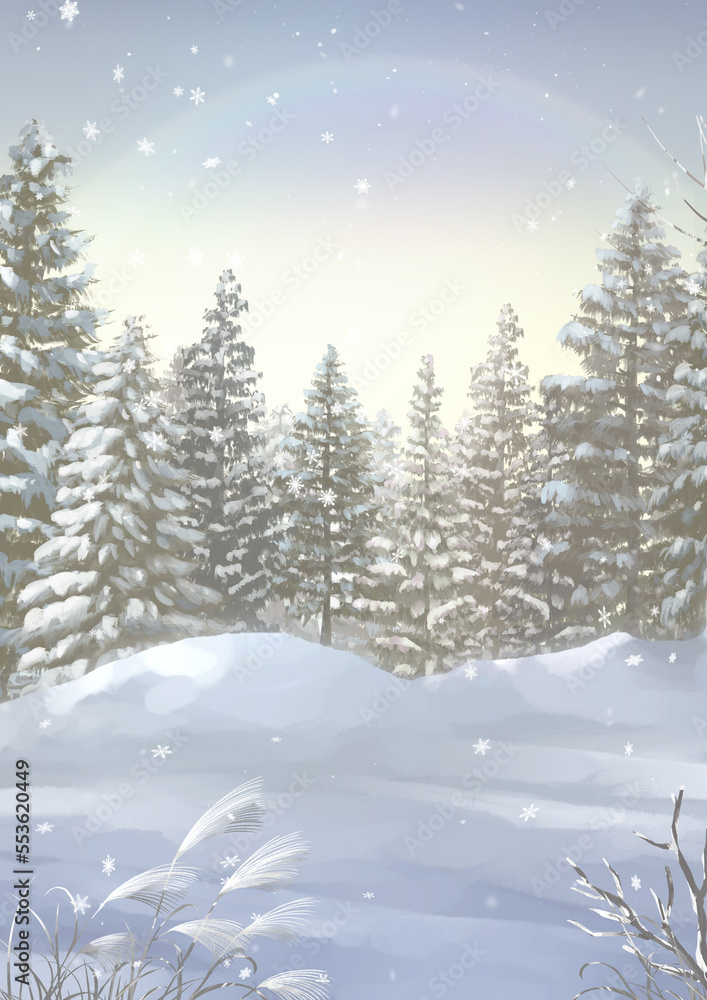 Christmas snow tree landscape Christmas tree full moon sky anime background