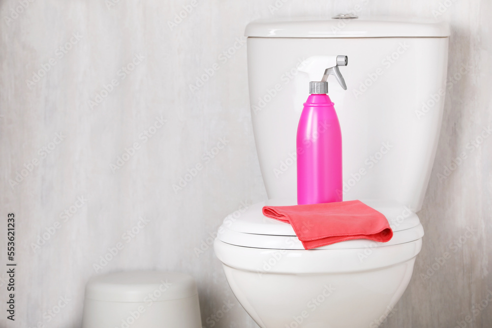 Spray bottle and rag on toilet bowl indoors. Cleaning supplies Spray bottle and rag on toilet bowl indoors. Cleaning supplies