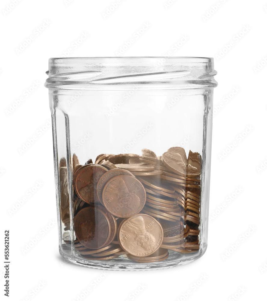 Glass jar with coins isolated on white background Glass jar with coins isolated on white background