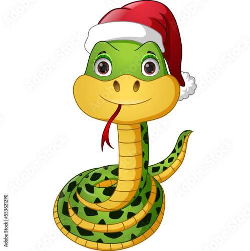 Cute green snake wearing santa hat