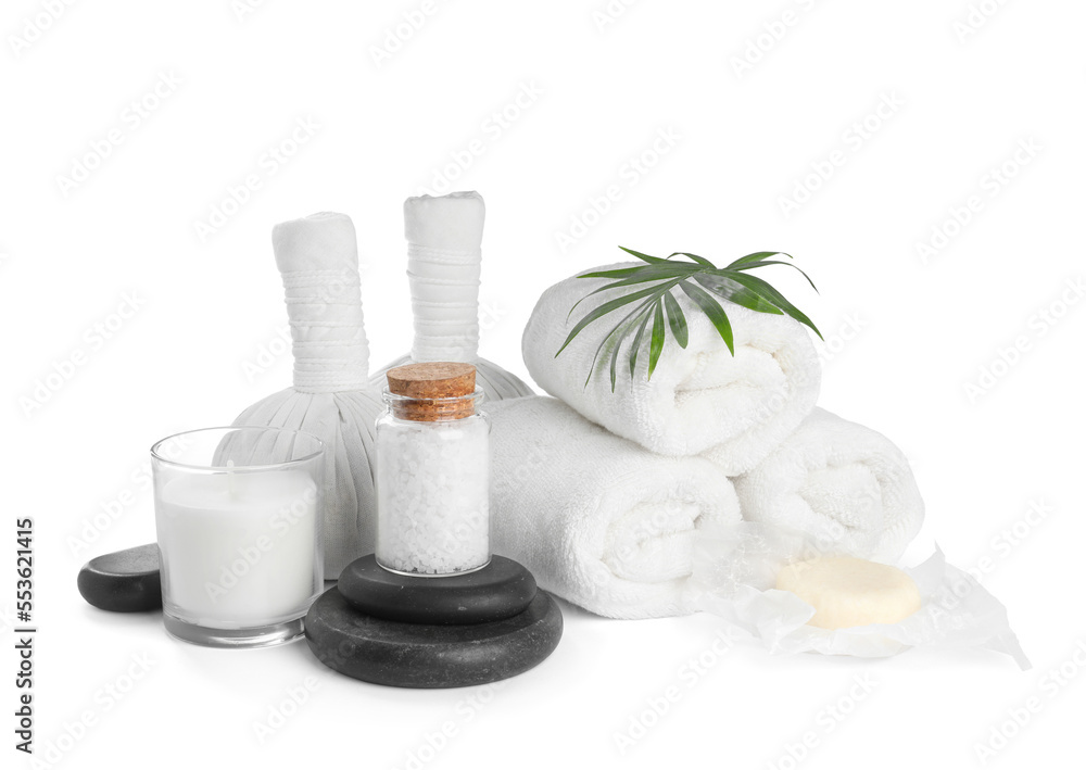 Beautiful composition with different spa products on white background Beautiful composition with different spa products on white background