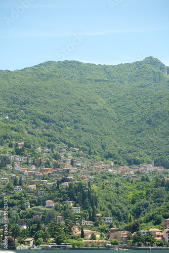 Como Lake landscape. Cernobbio village  trees  water and mountains. Italy  Europe.