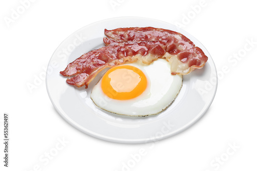 Plate with delicious fried egg and bacon isolated on white