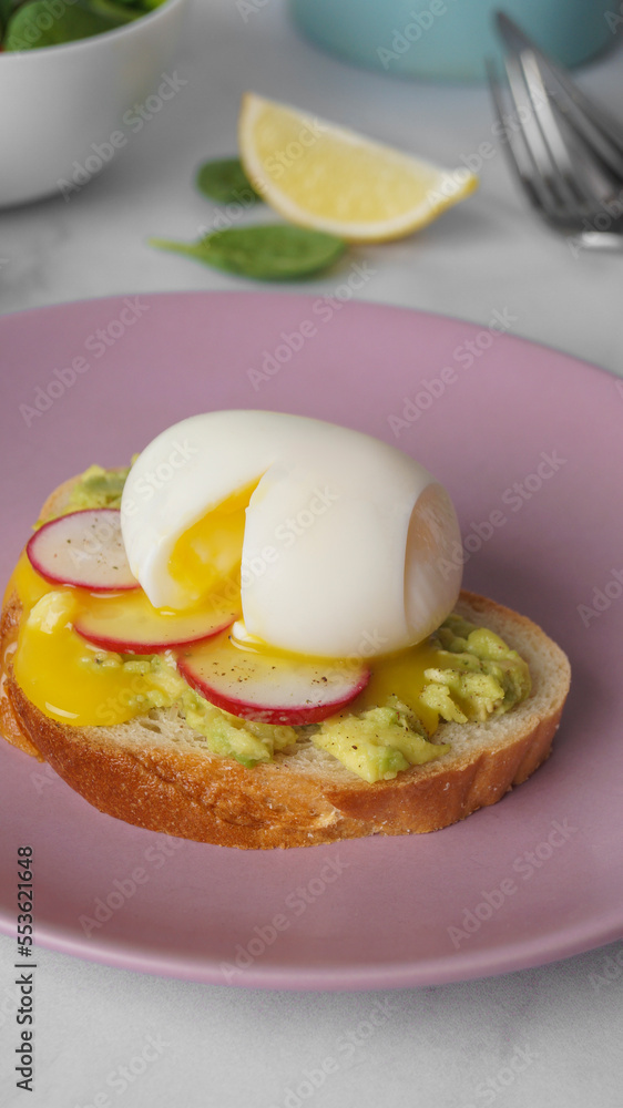 Tasty sandwich with boiled egg and radish on white table, closeup Tasty sandwich with boiled egg and radish on white table, closeup