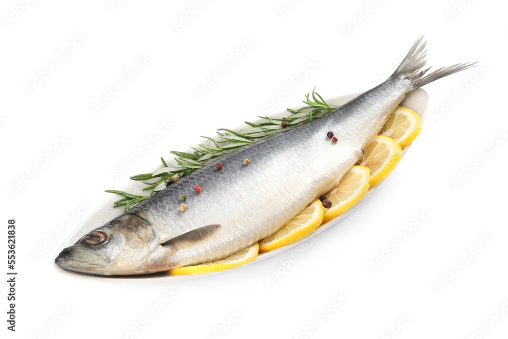 Fototapeta premium Plate with salted herring, slices of lemon, peppercorns and rosemary isolated on white