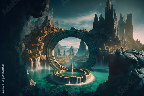 The Lost City of Atlantis, concentric circle emerald moats, marble, and futuristic buildings.