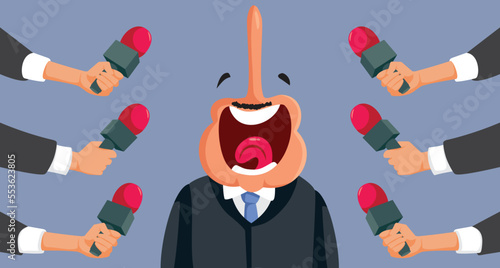 Politician Lying in a Press Conference Vector Cartoon Illustration. Deceitful congressman promising big things  in demagogue rhetoric 
