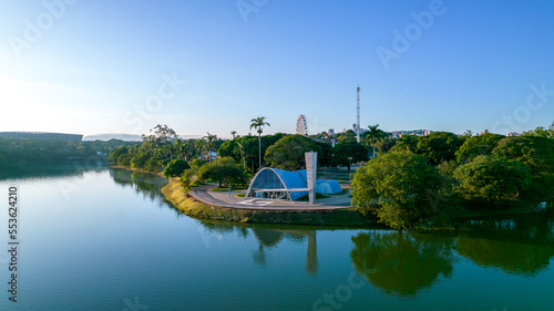 Lagoa da Pampulha, in Belo Horizonte, overlooking the Church of São Francisco de Assis and Guanabara Park. Minas Gerais Brazil. Aerial view