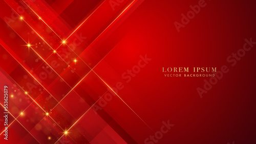 Oblique golden lines with glitter light effect and bokeh on red luxury background. Elegant abstract design template vector