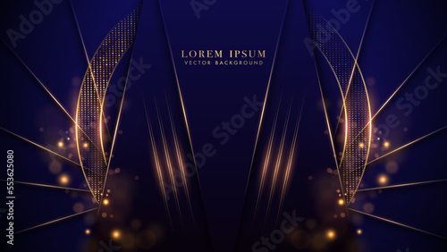 Gold circle and a gold line with glitter glowing effects, shine dots, and bokeh components on luxurious dark blue background