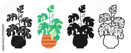 House potted plant monstera cartoon icon set. Exotic houseplants flowerpot line symbol. Botanical house monstera plant potted ceramic doodle, icon or silhouette collection. Foliage plant in pot vector