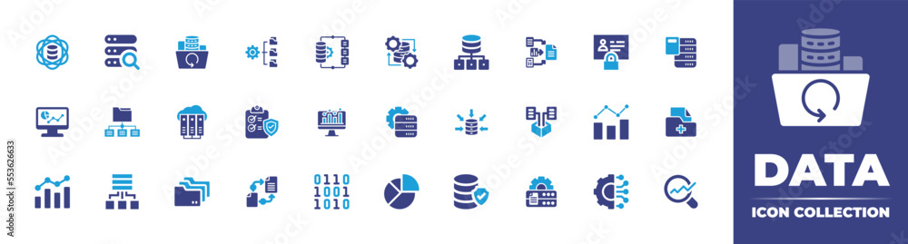 Data icon Collection. Duotone color. Vector illustration. Containing data integration, data management, file backup, search, data science, analytics, check, data network, and more. - obrazy, fototapety, plakaty 