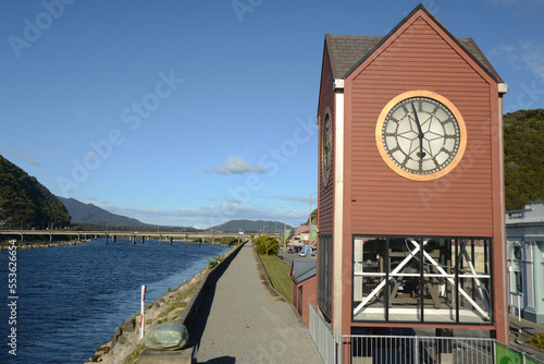 Greymouth clocktower overlooks the Grey River and floodwall