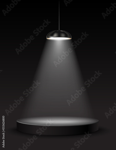 3d realistic vector light effect. Black stage illuminated spotlight from lamp on dark background.