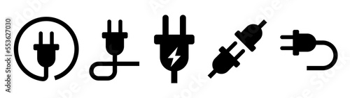 Power plug icon set. Various five types of monochrome icons. photo