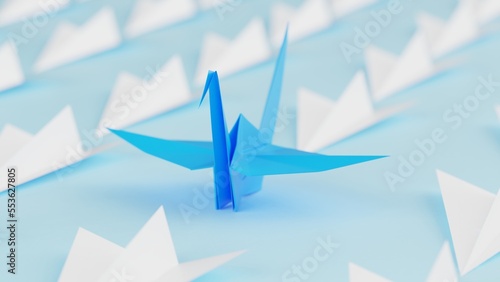Fototapeta Naklejka Na Ścianę i Meble -  Origami of blue crane and many white airplanes on soft blue board under white lighting background. Concept 3D CG of Japanese traditional culture, wish for world peace and legendary president.