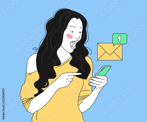 Beautiful young women Looking on Smartphones and Chatting. Female Characters collection. vector illustrations. (ID: 553628439)