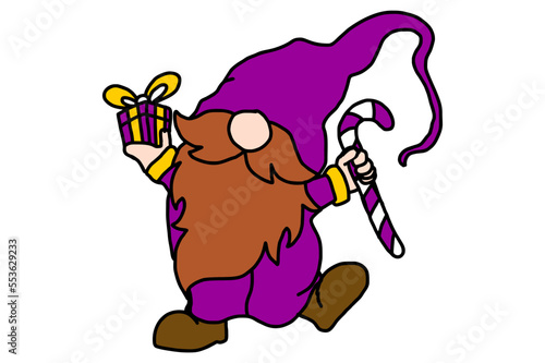 Adorable gnome carrying a christmas gift box and candy  cane