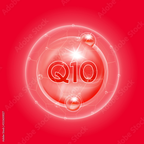 Coenzyme Q10 red. Vitamins complex and bubble collagen serum chemical formula. For food supplement design and beauty treatment skin care. Medical and scientific concepts. 3D Vector EPS10.