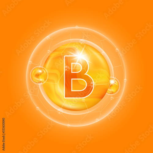 Vitamin B orange. Vitamins complex and bubble collagen serum chemical formula. For food supplement design and beauty treatment skin care. Medical and scientific concepts. 3D Vector EPS10.