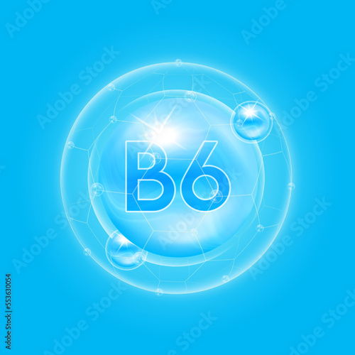 Vitamin B6 blue. Vitamins complex and bubble collagen serum chemical formula. For food supplement design and beauty treatment skin care. Medical and scientific concepts. 3D Vector EPS10.