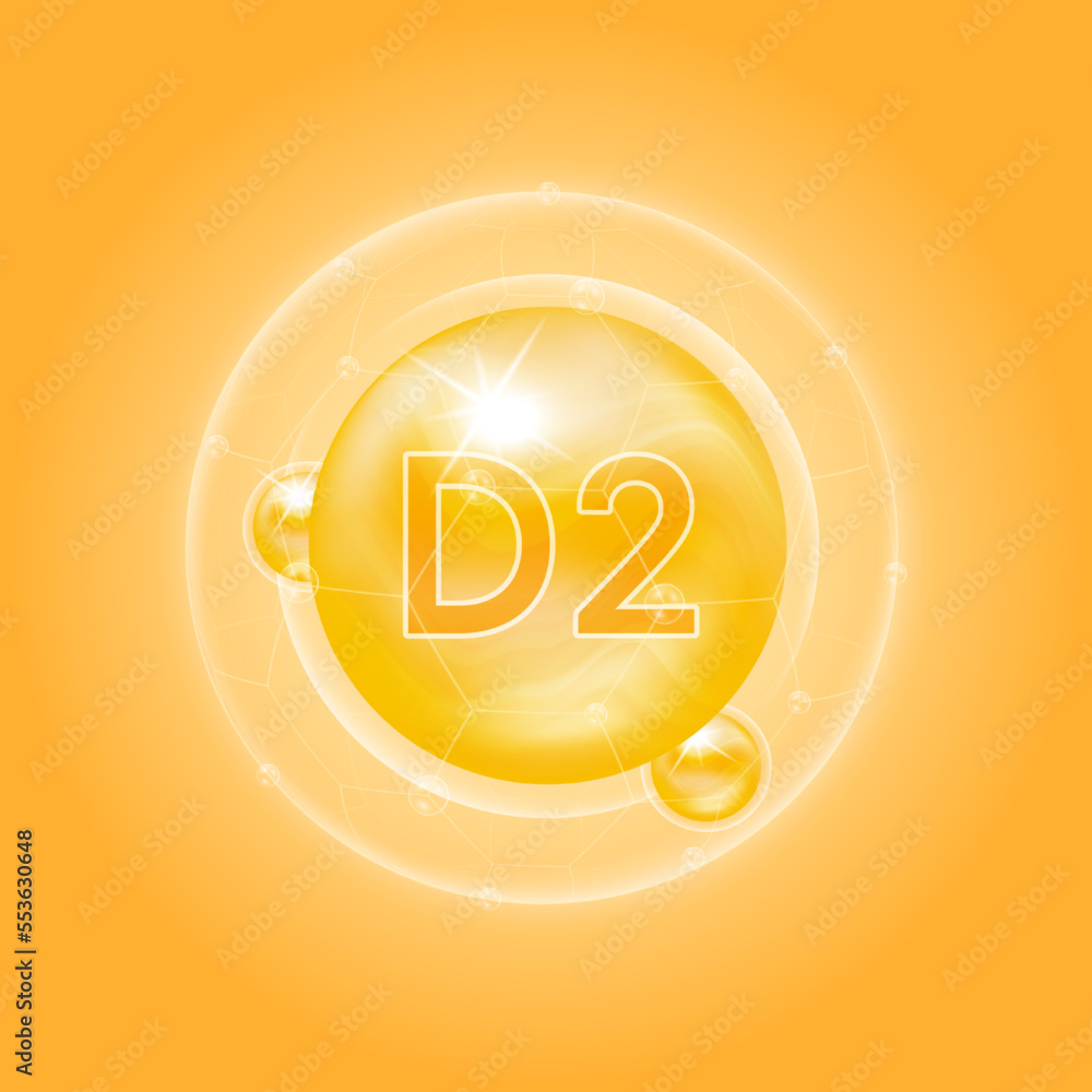 Obraz premium Vitamin D2 orange. Vitamins complex and bubble collagen serum chemical formula. For food supplement design and beauty treatment skin care. Medical and scientific concepts. 3D Vector EPS10.
