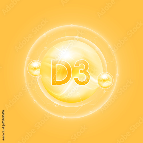 Vitamin D3 yellow. Vitamins complex and bubble collagen serum chemical formula. For food supplement design and beauty treatment skin care. Medical and scientific concepts. 3D Vector EPS10.