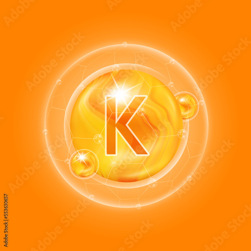 Vitamin K orange. Vitamins complex and bubble collagen serum chemical formula. For food supplement design and beauty treatment skin care. Medical and scientific concepts. 3D Vector EPS10.