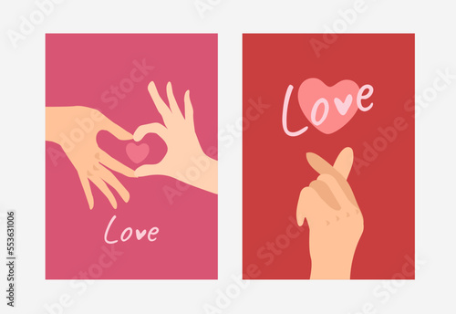 Valentine's day concept cards set. Finger love symbol. Happy Valentines Day. I love you hand gesture.