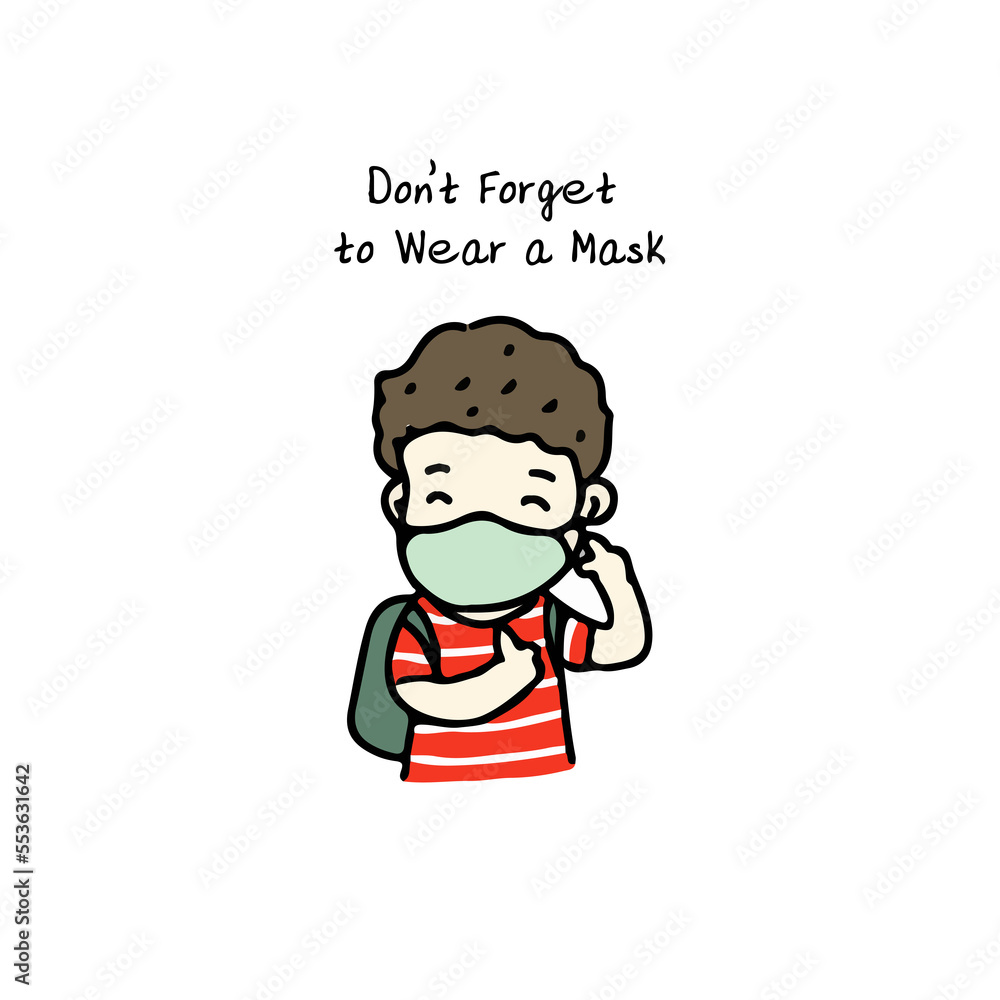 A boy wearing a surgical mask to prevent virus, freehand drawn style on white background