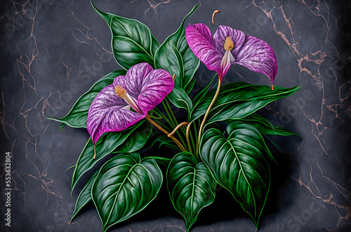 Anthurium flowers. anthurium plants blooming. Anthurium is a heart-shaped flower. The flower is often used at weddings in Hawaii and other pacific islands. Generative AI