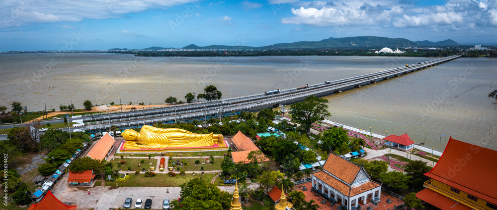 Wat Laem Pho temple with reclining golden Buddha in Songkhla, Thailand
