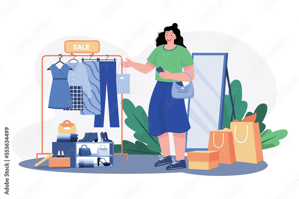 Girl Going Shopping Illustration concept on white background Girl Going Shopping Illustration concept on white background