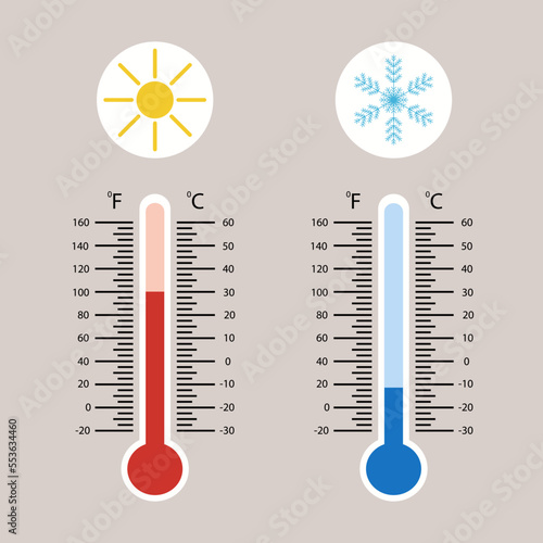 Celsius and fahrenheit meteorology thermometers measuring heat and cold, vector illustration
